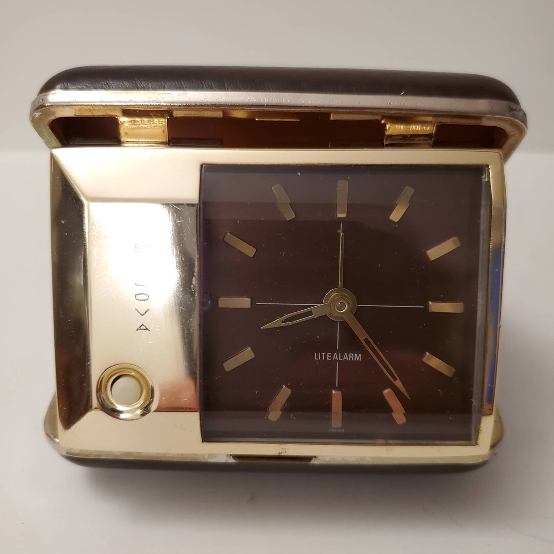 Bulova Clock, Travel Alarm Clock, Folding Clock, Brown, Gold Trim, Flip