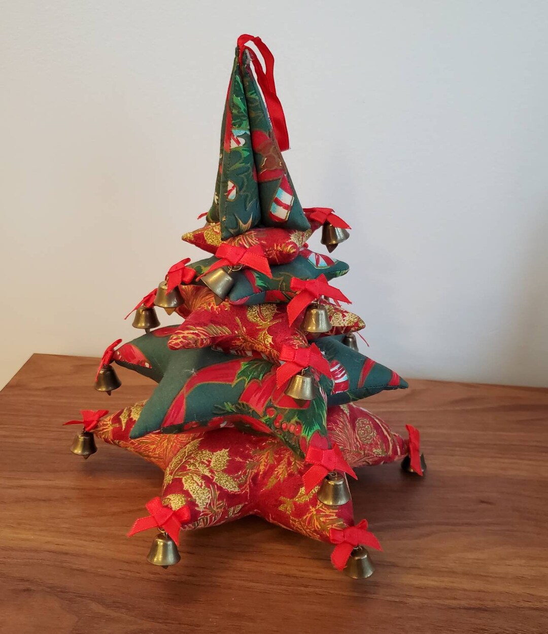 Vintage Quilted Tree, Stuffed Pillows, Christmas Tree Decor, Bells