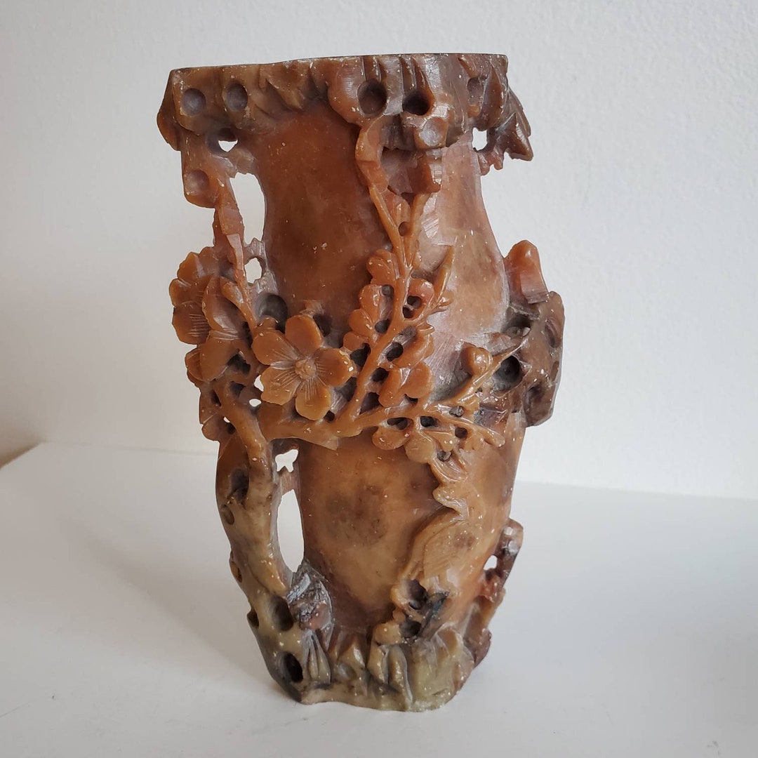 Soapstone Carved Vase, Stone Sculptured, Red Chinese Soapstone, Foliage