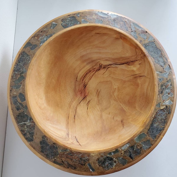 Hand turned, wood bowl, stone inlay, Breccia, signed, Joe Lund, Birch wood, wood turning, wood turned bowl