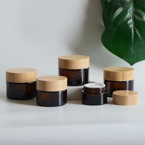 30g 50g Amber Glass Cream Jar Natural Bamboo Cap E-co friendly Cosmetic Packaging For Hair Oil Body Butter Skin Care DIY Logo Makeup Bulk