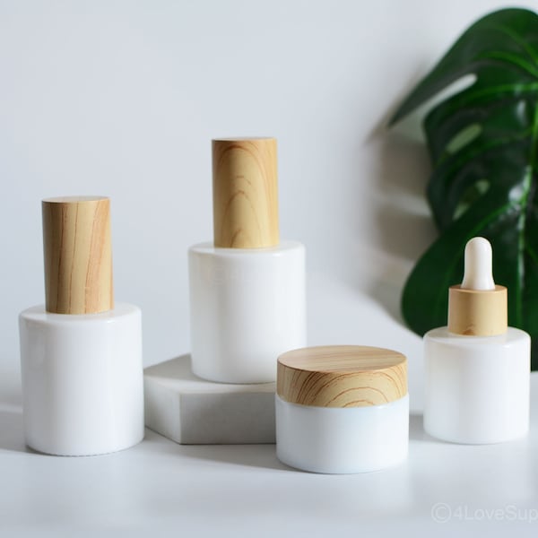 1-200pcs Pearl White Porcelain Cosmetic Packaging Container Set, Glass Bamboo Wood Grain Bottles, Dropper Spray Lotion Serum Bottle, Bulk