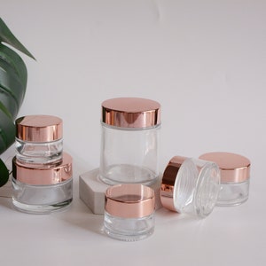 1-200 5g 15g 30g 50g 100g Shiny Rose Gold Clear Glass Cream Jar Container, Cosmetic Beauty Makeup Packaging, Travel Bottles, Wholesale, Bulk