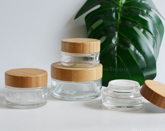 1-200px 30g 50g 100g Natural Bamboo Wood Clear Glass Cream Jar Container, Facial Body Butter Scrub Bottle, Lip Balm Oil Container, Wholesale