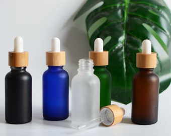 1-200pcs 30ml 1oz Matte Blue Green Amber Glass Bamboo Serum Essential Oil Dropper Bottle, DIY Herb Hair Skincare Fragrance SPA Oil Bottle