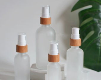 Frosted Glass Serum Pump Bottles, Bamboo Wooden Top, 15ml-100ml, Natural Packaging