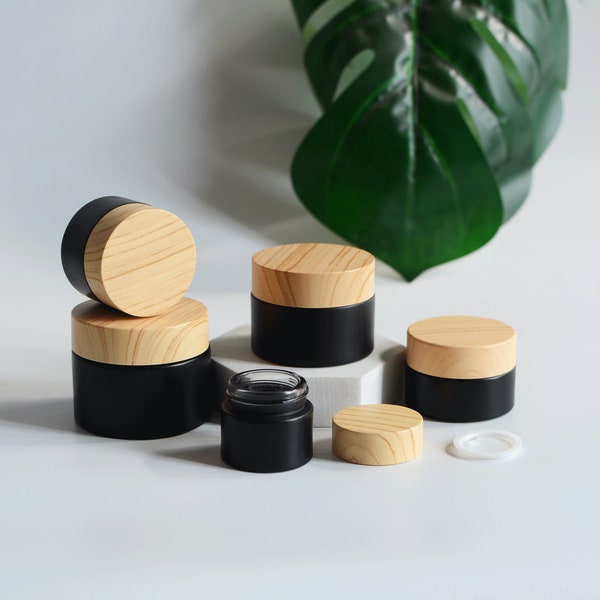 5g 15g 30g 50g Cream Jar Face Cosmetic Lotion Containers Custom Black Frosted Cosmetic Cream Glass Jar With Wooden Look Lids Wholesale