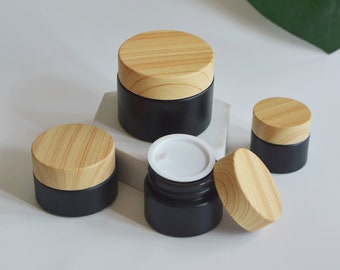 5g 15g 30g 50g Matte Black Glass Cream Jar Container, Bamboo Wooden Plastic Cap, Personal Care Cosmetic Makeup Packaging, Wholesale, Bulk