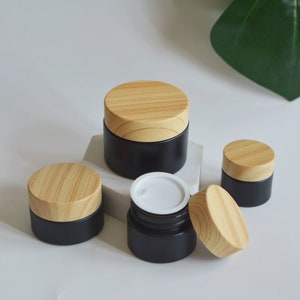 5g 15g 30g 50g Matte Black Glass Cream Jar Container, Bamboo Wooden Plastic Cap, Personal Care Cosmetic Makeup Packaging, Wholesale, Bulk