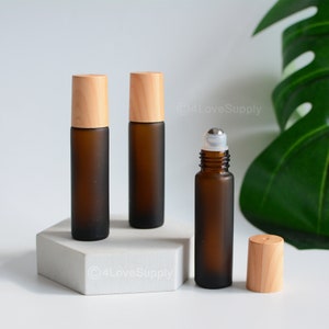 1/200pcs 10ml Bamboo Wooden Looking Frosted Amber Glass Essential Oil Roller Bottles, Steel-on Ball, Perfume Roller Bottles, Wholesale