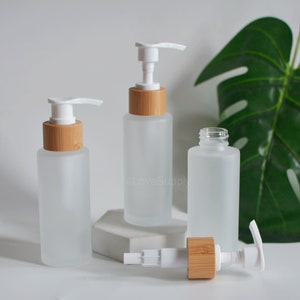 1-200pcs 80ml Frosted Glass Facial Cream Lotion Serum Pump Bottles, Shampoo Soap Dispenser Bottle, Natural Bamboo Wooden Top, Skin Care