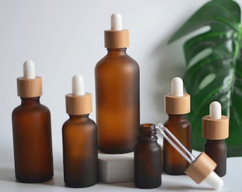1-200px 5ml 30ml 100ml Matte Amber Glass Essential Herb Hair Oil Dropper Bottles, Natural Bamboo Wood, Skin Care Beauty Packaging, Wholesale