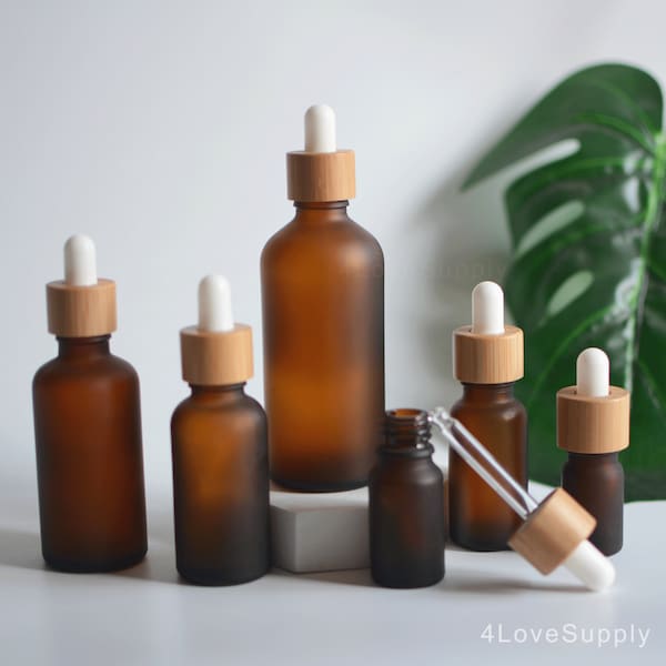 1-200px 5ml 30ml 100ml Matte Amber Glass Essential Herb Hair Oil Dropper Bottles, Natural Bamboo Wood, Skin Care Beauty Packaging, Wholesale