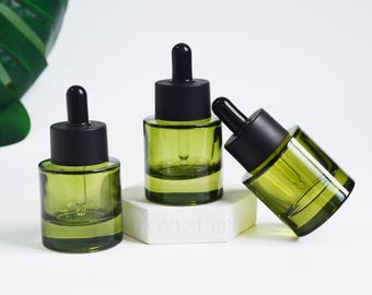 Flacone contagocce in vetro da 30 ml (1 oz) con pozzetto spesso, vetro verde, tappo nero opaco, ricaricabile, per oli essenziali, balsamo labbra, olio alle erbe, cura della pelle/capelli