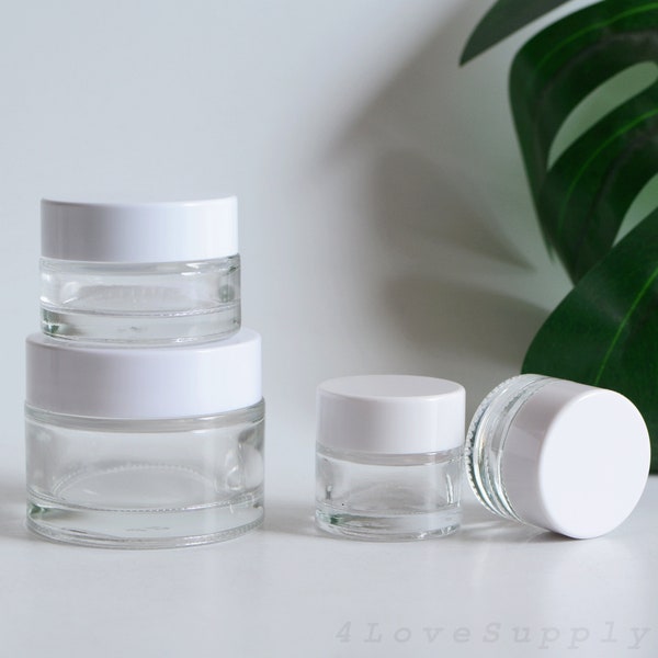 1/200pcs 5g 15g 30g 50g White Cream Jar Transparent Glass Face Hand Hair Skin Care Lotions Makeup Glass Cosmetic Container Bulk