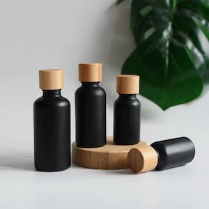 1-100pcs 5ml 15ml 30ml 50ml 100ml Empty SPA Oil Bottle Matte Black Glass Essential Oil Bottle, Natural Bamboo Wooden Packaging, Bulk