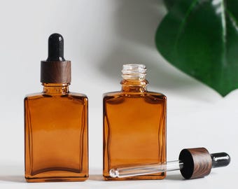 1-200pcs 30ml 1oz Serum Lotion Dropper Bottle Amber Square Glass Black Wooden Look Cap Essential Oil Container Customization Bulk Order