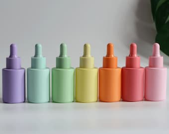 1-200 Uds 30ml 1oz botella cuentagotas de Color arcoíris rojo/amarillo/azul/rosa/púrpura/verde/naranja vidrio mate embalaje cosmético aceite esencial a granel