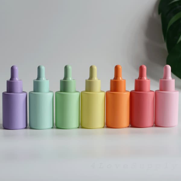 1-200pcs 30ml 1oz Rainbow Color Dropper Bottle Red/Yellow/Blue/Pink/Purple/Green/Orange Matte Glass Cosmetic Packaging Essential Oil Bulk