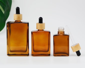30ml 50ml 100ml Retro Style Natural Dropper Bottles Square Amber Glass Bamboo Dropper For Skin Care Essential Oil Container Wholesale