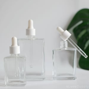 Flacone contagocce vuoto da 30 ml/50 ml/100 ml, contagocce bianco, trasparente, quadrato, in vetro, delicato, contenitore per olio essenziale, completo per la cura della pelle, alla rinfusa