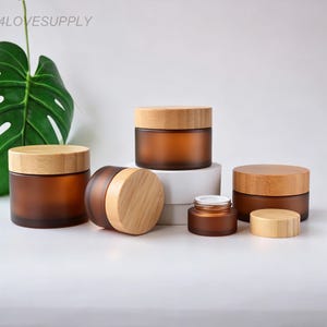 Cream Jar 30g 50g 100g 150g 200g Natural Bamboo Lid Frosted Amber Glass Refillable Cosmetic Jar Body Butter Hair/Facial Oil Travel Pot Bulk