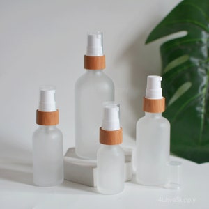 1-200pcs 15ml-100ml Frosted Glass Serum Lotion Cream Gel Pump Bottle, Treatment Pump Bottle, Natural Packaging Bamboo Wooden Top, Bulk Order