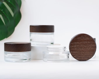 Retro Style 30g-200g Cream Jar Dark Wood Cap Clear Glass Pots Jar DIY Logo On Glass Engrave Logo On Bamboo Cap Retailing Cosmetic Packaging