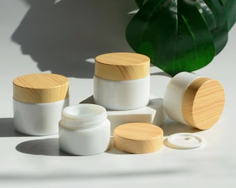 1/200pcs 15g 30g 50g White Porcelain Cream Jar Wooden Look Cap Facial Skin Care Cosmetic Packaging , Lip Balm Gloss Container, Wholesale