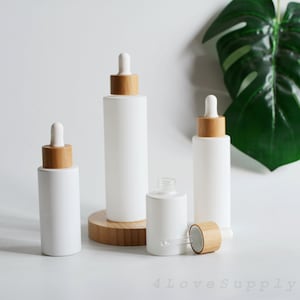 20ml 30ml 50ml 60ml 80ml 100ml Matte White Glass Dropper Flat Shoulder Bottles,  Natural Bamboo Cap, Essential Oil Serum Dropper, Bulk Order