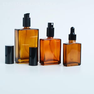 30 ml 50 ml 100 ml lotion/spray/flacon compte-gouttes carré en verre ambré bouchon noir ensembles de cosmétiques pour parfum, huile essentielle, pompe à sérum commande groupée