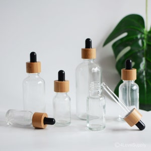 1-200cs 5ml-100ml Clear Glass Essential Oil Serum Dropper Bottle in Black Rubber, Natural Bamboo Eco Cosmetic Skin Care Packaging, Wholesale