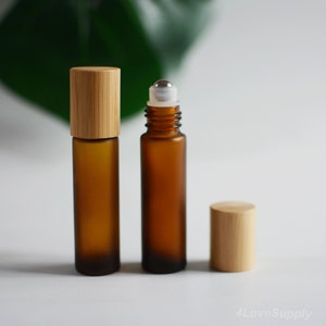 1/200pcs 10ml Bamboo Cap Frosted Amber Glass Essential Oil Roller Bottles, Steel-on Ball, Perfume Roller Bottles, Wholesale