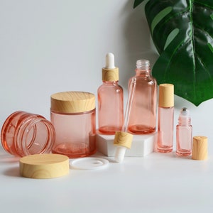 1-200pcs Cream Jar/Dropper Bottle/Roller Rose Red Glass Wooden Grain Cap Cosmetic Sets Essential Oil Container Bulk Order