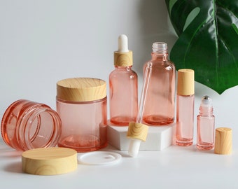 1-200pcs Cream Jar/Dropper Bottle/Roller Rose Red Glass Wooden Grain Cap Cosmetic Sets Essential Oil Container Bulk Order