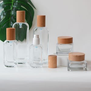 Set de cosméticos de madera natural de 20 ml a 120 ml, tapa de madera cuadrada transparente, frasco con bomba para suero, loción o crema, bálsamo, aceite, crema, contenedor de aceite esencial a granel.