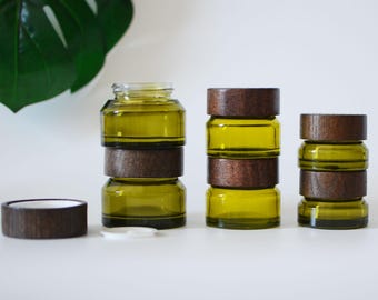 1/200px 15g 30g 50g Oliver Green Cream Jar Tapa de madera natural Vidrio grueso Aceite esencial Tarro Crema facial Viaje Portátil DIY Logo al por mayor