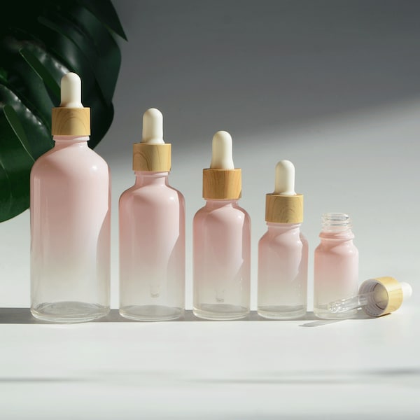 1-200pcs 5ml-100ml Gradient Pink Glass Perfume Liquid Serum Dropper Bottles Wooden Look Cap Skin Care Facial Essential Oil Bottle Bulk Order