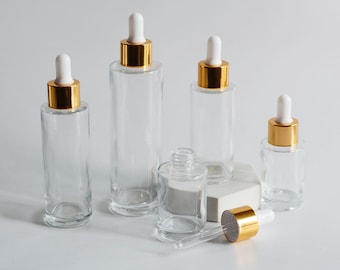 Luksusowa butelka z kroplomierzem 30 ml, 50 ml, 60 ml, 80 ml, 100 ml, kosmetyczna, złota nakrętka, przezroczysta, płaska butelka na ramię, pojemnik na perfumy z olejkami eterycznymi, hurtowa, 2026 NOWA