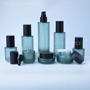 Refillable Glass Cosmetic Packaging Sets Pump Lotion Bottle/Dropper Bottle/Cream Jar Matte Blue Glass Black Lid Refillable Lotion Dispenser