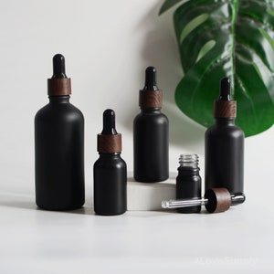 1-200pcs 5ml-100ml Dropper Bottles Matte Black Glass Black Wooden Look Cap With Glass Tube