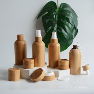 1-200pcs Conjuntos de embalagens cosméticas de bambu natural Spray/Loção/Creme/Frascos conta-gotas Recipiente de óleo essencial ecológico Cuidados com a pele natural