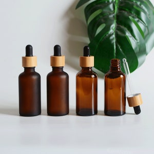 1-200pcs Dropper Bottles,Amber Frosted/Clear Glass 5ml 15ml 30ml 50ml 100ml Natural Bamboo Cap, Essential Oil Bottles Packaging, Bulk Order