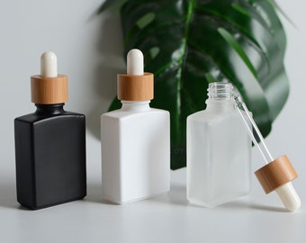 1-100pcs 30ml 1oz Matte White Black Glass Serum Essential Oil Dropper Bottles, Cosmetic Natural Bamboo Square Herb Oil Dropper, Wholesale