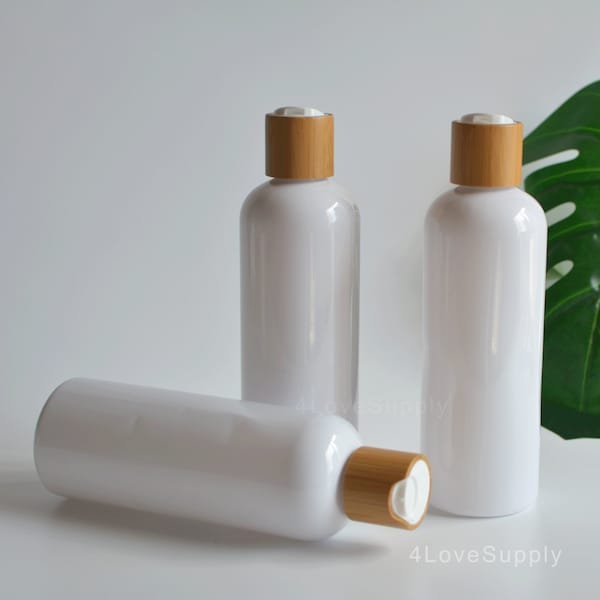 1-100Stk 300ml 10oz HaushaltsShampoo Flasche, weiße Plastikflasche mit natürlichem Bambus Disc Cap, Conditioner Haarpflege Flasche