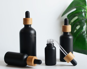 1-200pcs Natural Bamboo Wood Matte Black Glass Essential Serum Oil Dropper Bottles, Perfume Fragrance Hair Oil Vial Bottle, Wholesale