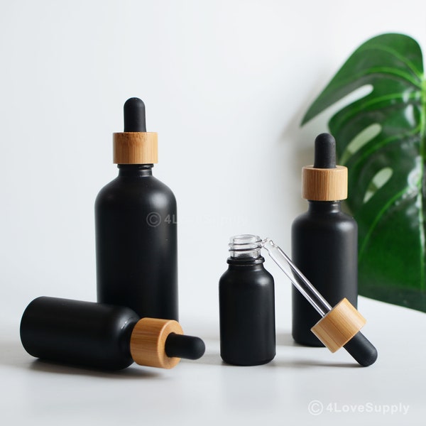 1-200pcs Natural Bamboo Wood Matte Black Glass Essential Serum Oil Dropper Bottles, Perfume Fragrance Hair Oil Vial Bottle, Wholesale