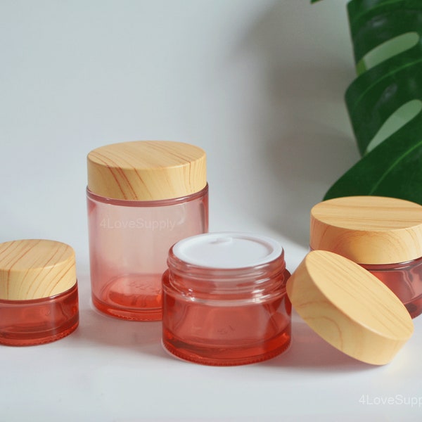 1-200pcs 15g 30g 50g 100g Glass Rose Red Pink Empty Cosmetic Cream Jar Container, Bamboo Wooden Look Plastic Lids, Facial Body Butter Bottle