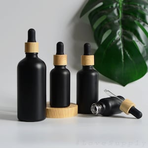 1-200pcs 5ml-100ml Cosmetic Dropper Bottle Matte Black Glass Wooden Printing Cap Essential Oil Container Serum Lotion Dropper Bulk Order