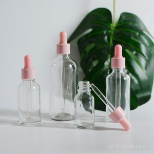 1-200pcs Cute Clear Aroma Glass Essential Oil Dropper Bottles, Facial Hair Body Skin Serum Oil Bottle, Pink Collar, Wholesale